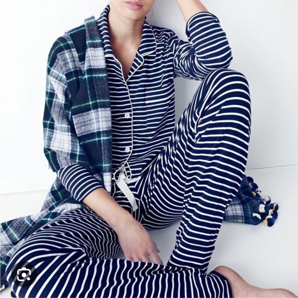 J Crew Dreamy Pajama Top Nightshirt Navy Striped Cotton Small